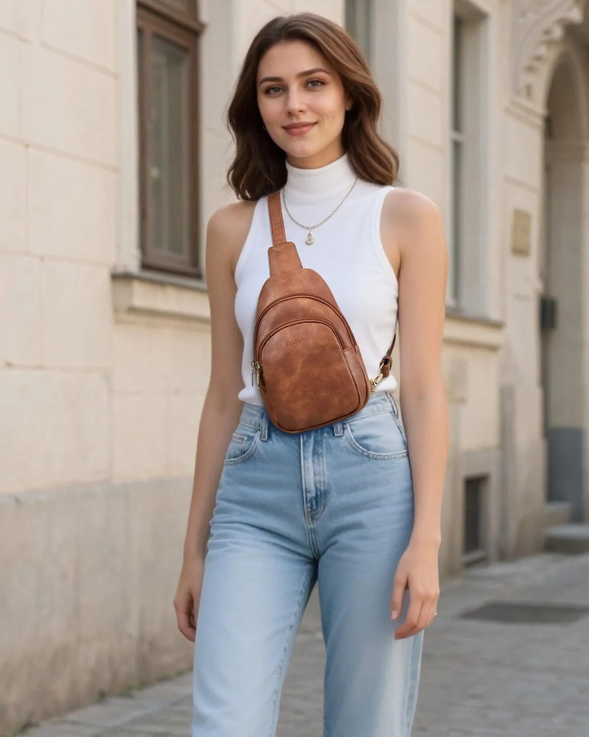 Telena Small Sling Bag for Women Leather Crossbody Fanny Packs Chest Bag for Women