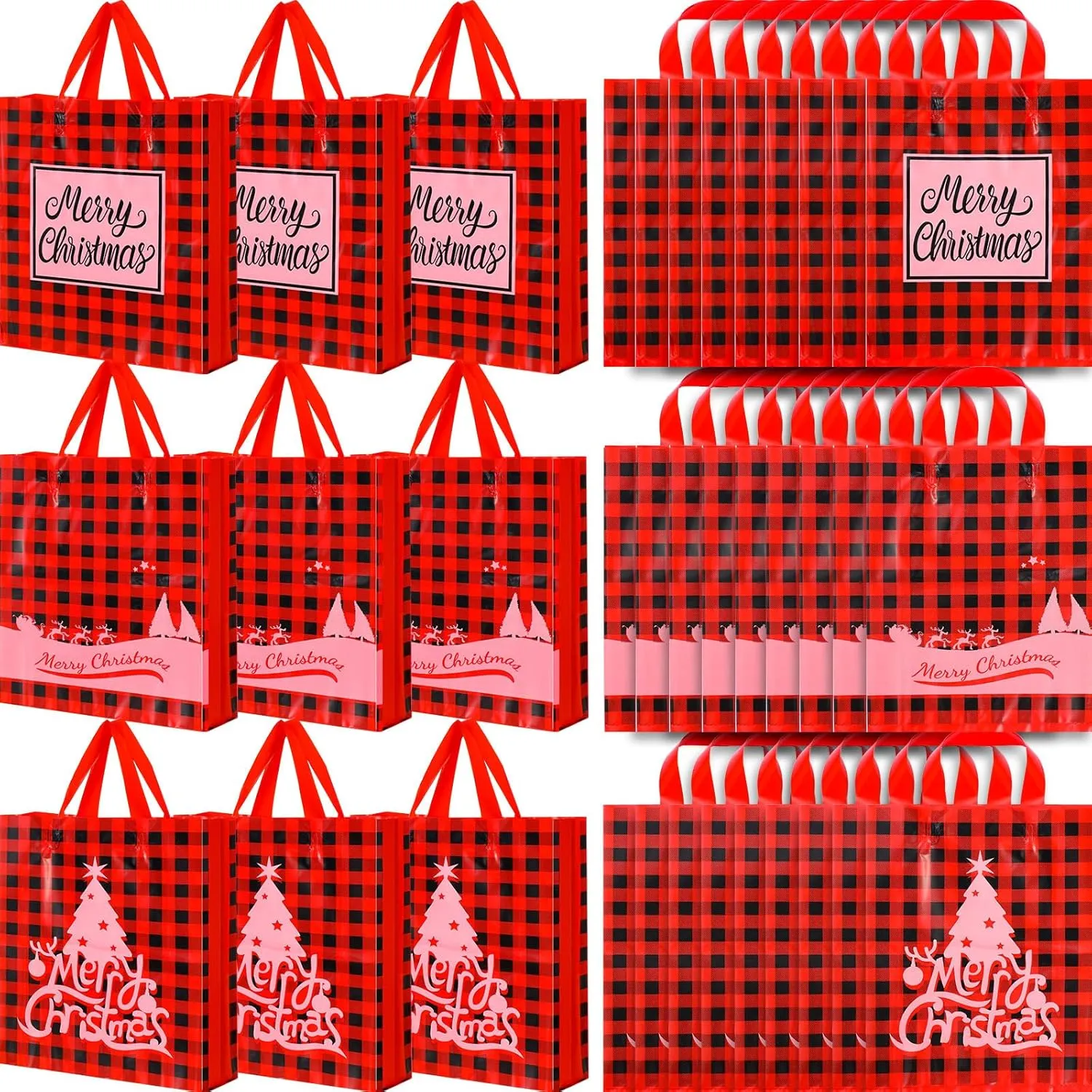 Tenceur 150 Christmas Plastic Gift Bags Christmas Merchandise 10 x 13'' Plaid Shopping Boutique Goodie Bags with Handles Bulk for Business Retail Xmas Party Favors