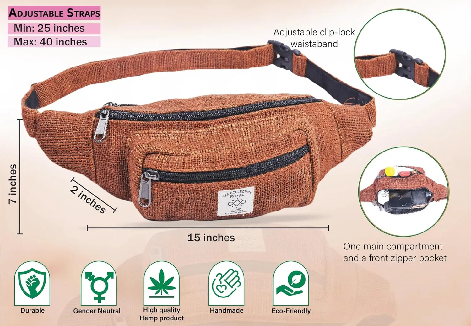The Collection Royal Himalayan Hemp Fanny Pack, Eco-friendly, Fanny Packs Boho, Hippie Fanny Pack, Waist Belt, Travel Utility Belt