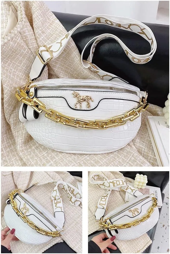 Thick Chain Fanny Pack for Women Small Crossbody Sling Purse Shoulder Chest Bag Belt Bum Bag (white)