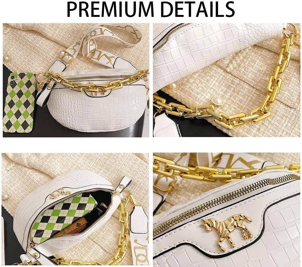 Thick Chain Fanny Pack for Women Small Crossbody Sling Purse Shoulder Chest Bag Belt Bum Bag (white)