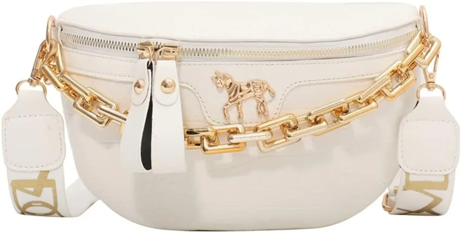 Thick Chain Fanny Pack for Women Small Crossbody Sling Purse Shoulder Chest Bag Belt Bum Bag (white)