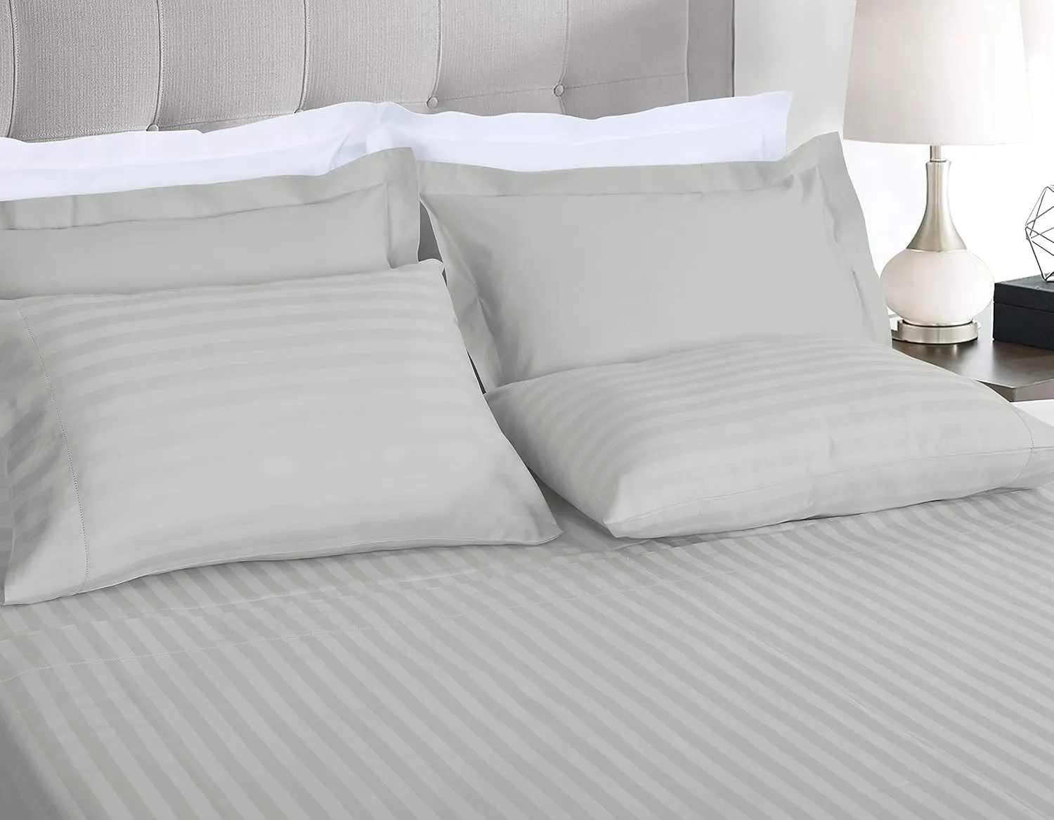 Threadmill 500 Thread Count King Size Damask Stripe, 4 Pc Luxury Cotton Bed Sheet Set, Silky Soft Light Grey Sheets with 16" Elasticized Deep Pocket, 2 Pillowcases & Free Tote Bag