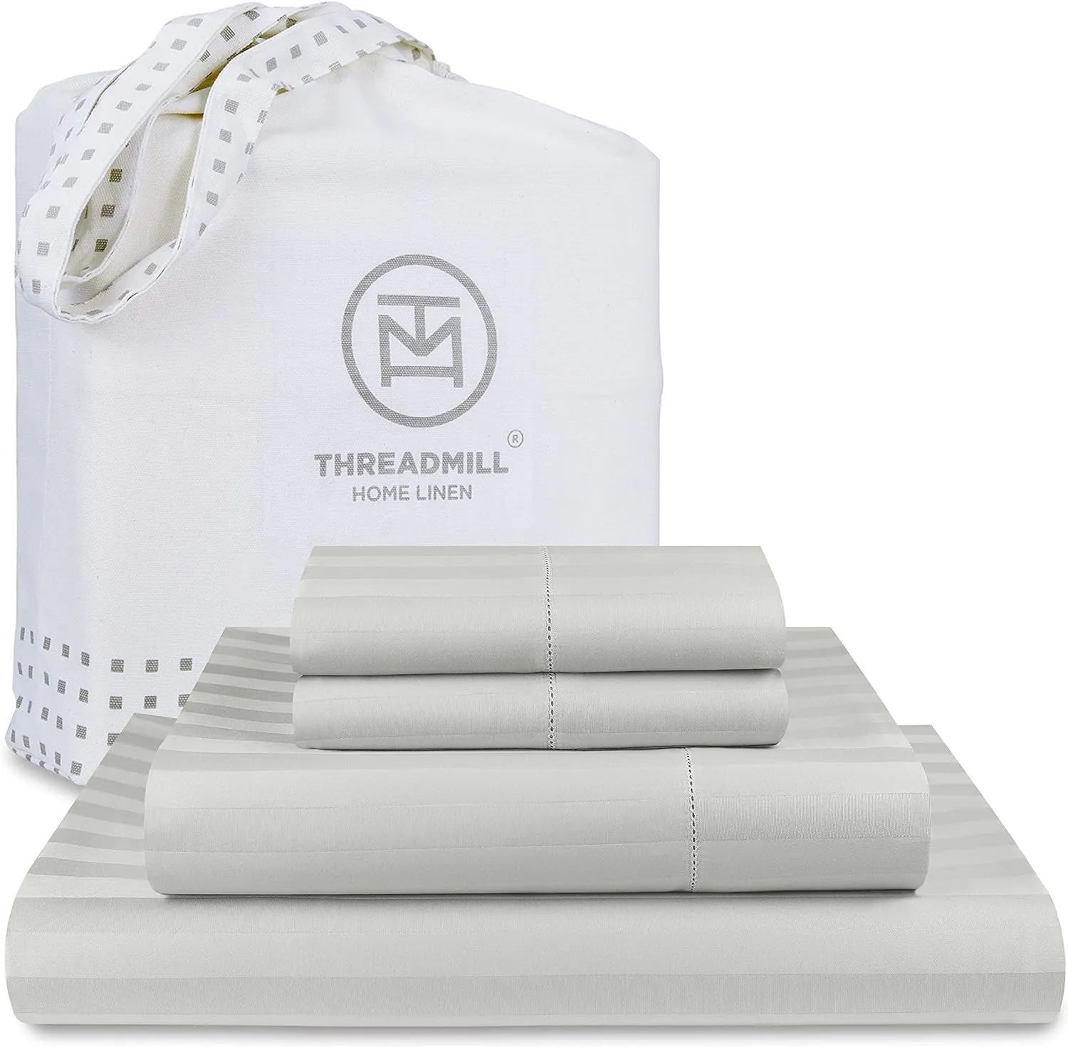 Threadmill 500 Thread Count King Size Damask Stripe, 4 Pc Luxury Cotton Bed Sheet Set, Silky Soft Light Grey Sheets with 16" Elasticized Deep Pocket, 2 Pillowcases & Free Tote Bag