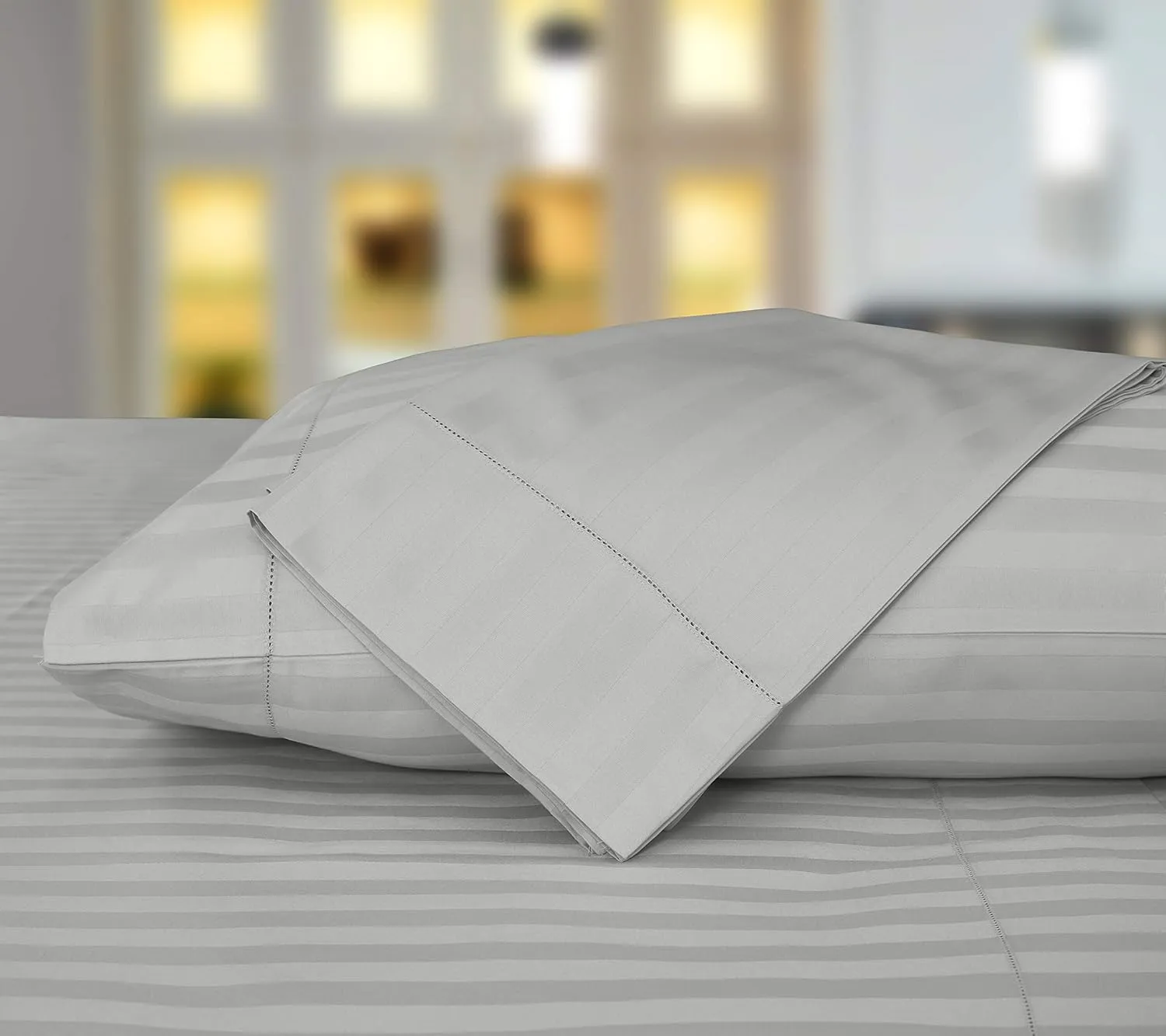 Threadmill 500 Thread Count King Size Damask Stripe, 4 Pc Luxury Cotton Bed Sheet Set, Silky Soft Light Grey Sheets with 16" Elasticized Deep Pocket, 2 Pillowcases & Free Tote Bag