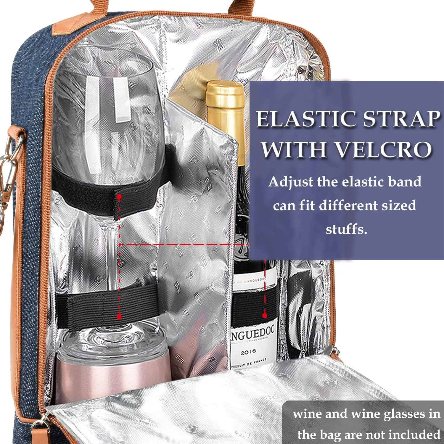 Tirrinia Insulated 2 Bottle Wine Gift Tote Bag - Tumbler Glass Cooler Carrier for BYOB Restaurants, Travel, Park, Beach, Great Wine Lover Gift, Denim