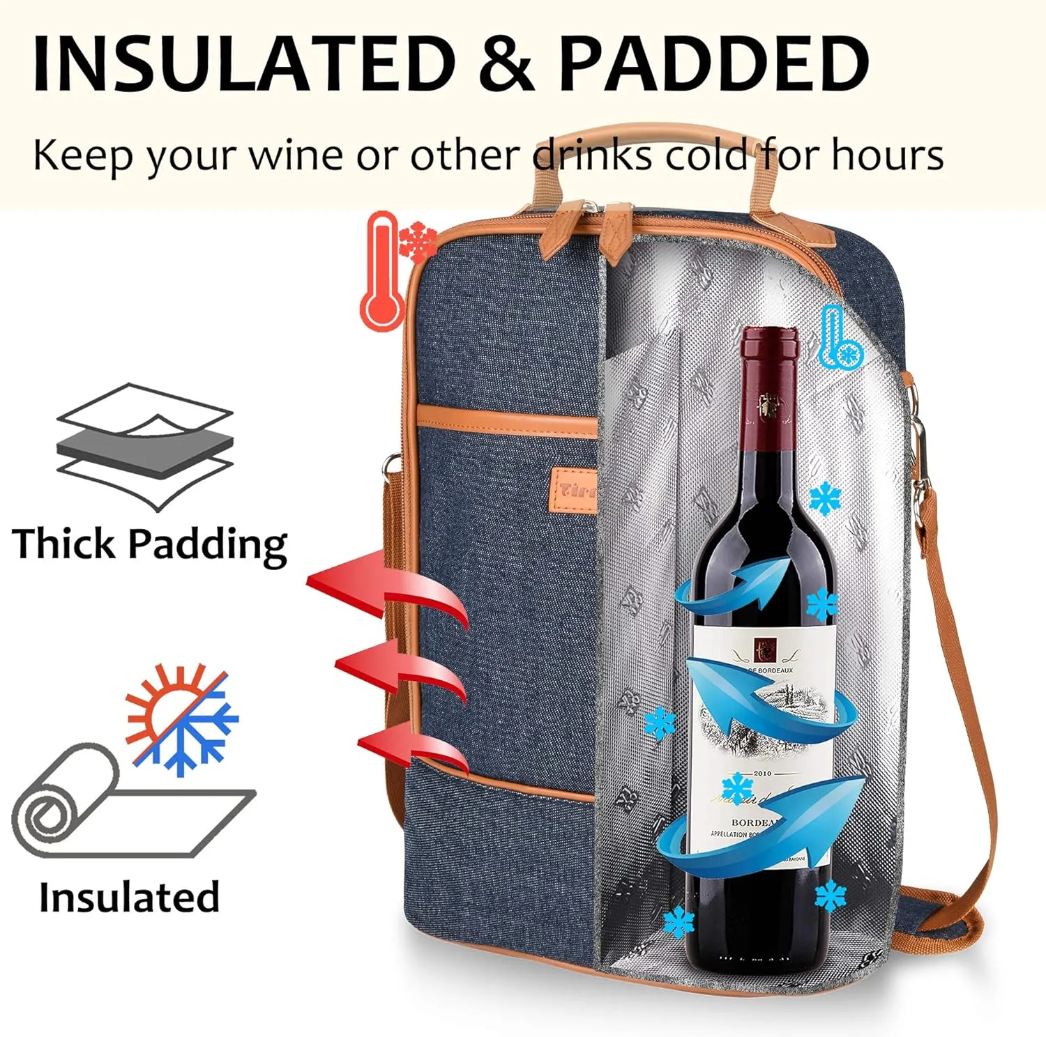 Tirrinia Insulated 2 Bottle Wine Gift Tote Bag - Tumbler Glass Cooler Carrier for BYOB Restaurants, Travel, Park, Beach, Great Wine Lover Gift, Denim