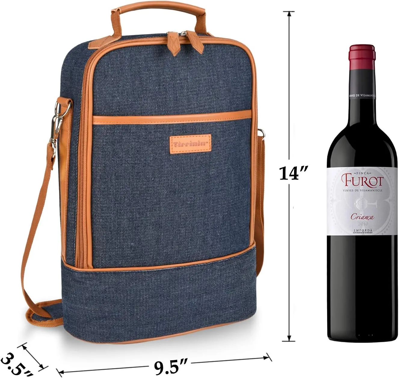Tirrinia Insulated 2 Bottle Wine Gift Tote Bag - Tumbler Glass Cooler Carrier for BYOB Restaurants, Travel, Park, Beach, Great Wine Lover Gift, Denim