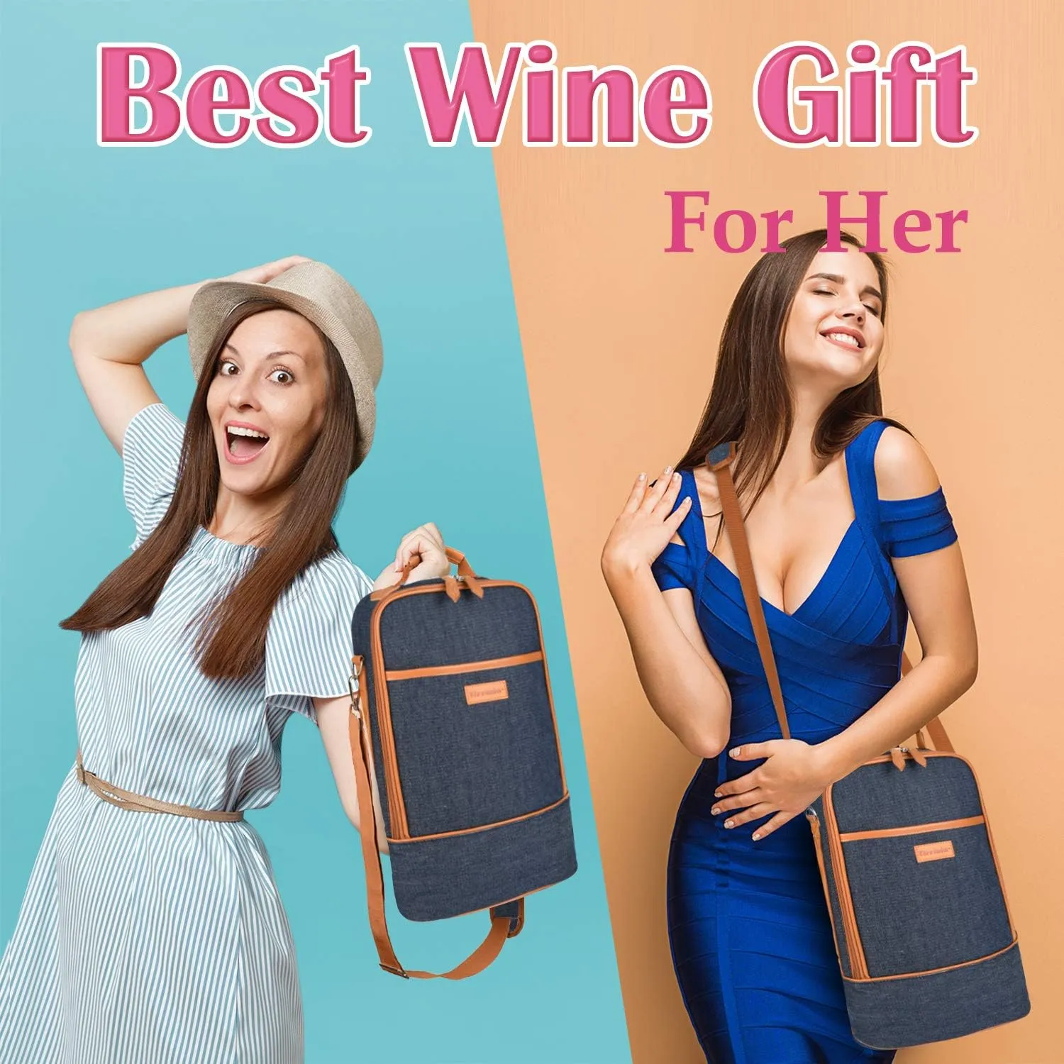 Tirrinia Insulated 2 Bottle Wine Gift Tote Bag - Tumbler Glass Cooler Carrier for BYOB Restaurants, Travel, Park, Beach, Great Wine Lover Gift, Denim