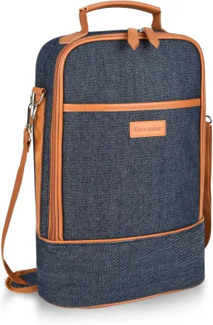 Tirrinia Insulated 2 Bottle Wine Gift Tote Bag - Tumbler Glass Cooler Carrier for BYOB Restaurants, Travel, Park, Beach, Great Wine Lover Gift, Denim