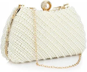 Tmore Women Pearl Clutch Purse Beaded Bride Evening Handbag for Wedding Prom with Chain