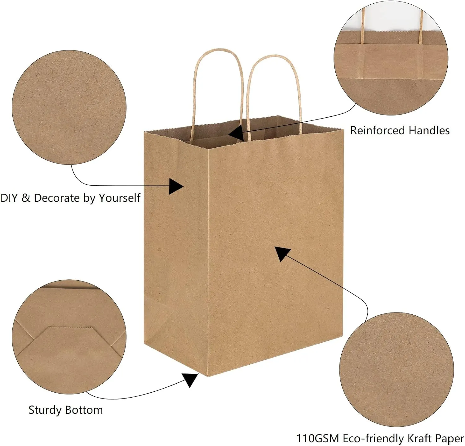 Toovip 50 Pack 8x4.75x10 Inch Medium Plain Brown Kraft Paper Bags with Handles Bulk, Gift Bags for Favors Grocery Retail Party Birthday Shopping Business Goody Craft Merchandise Take Out Sacks