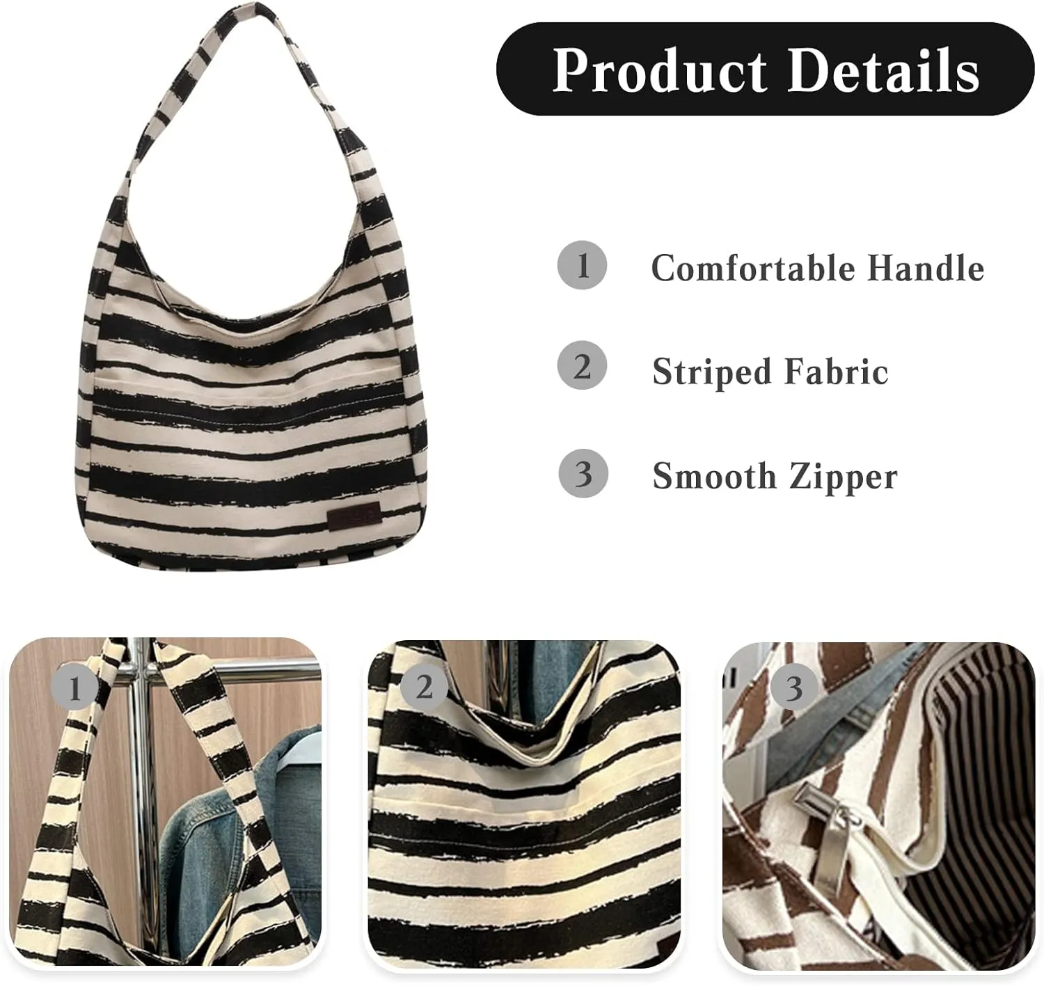 Tote Bag Women Striped Canvas Handbag Casual Top Handle Bag Large Capacity Shoulder Bag