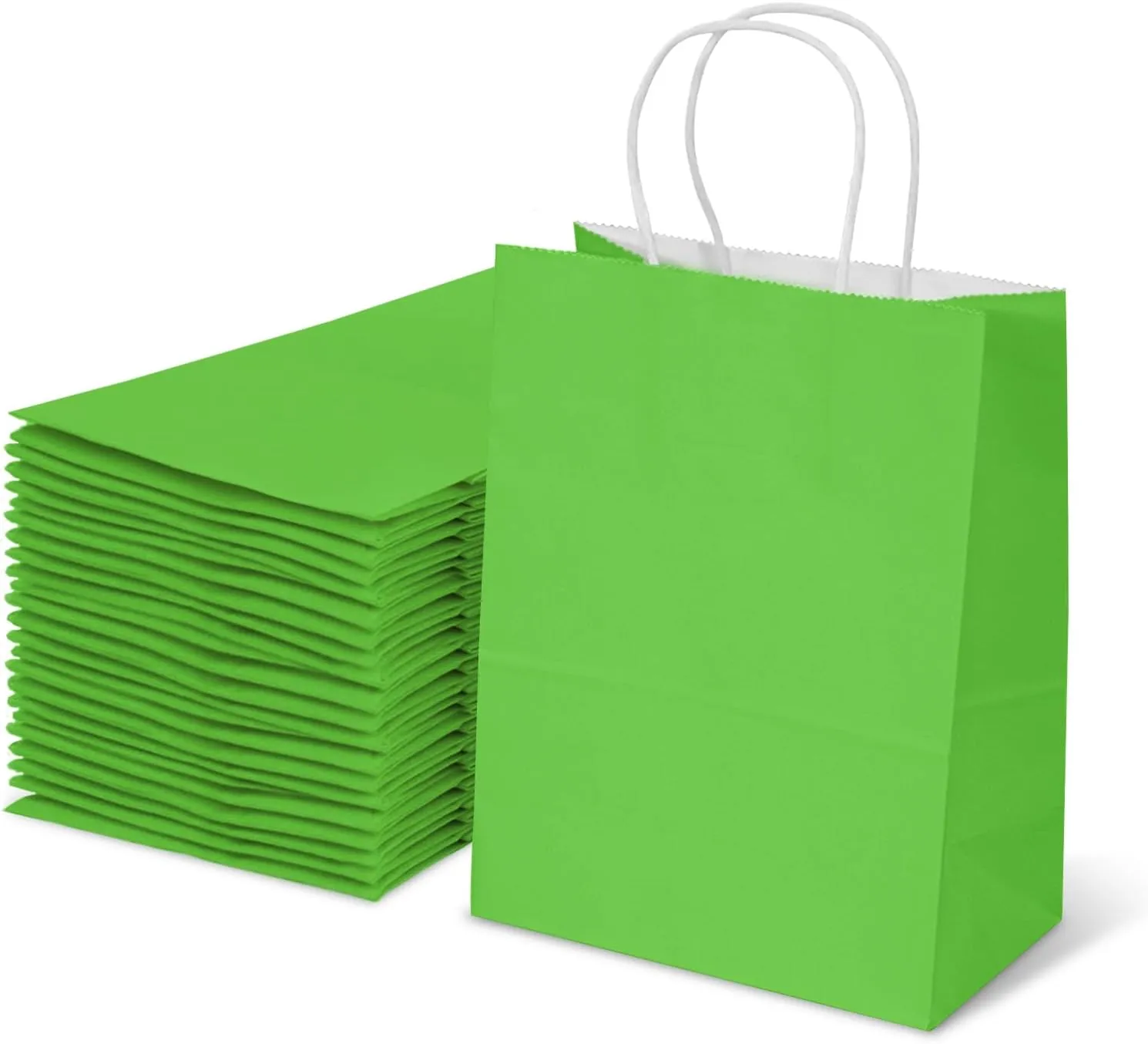 TOWRAP Green Kraft Paper Gift Bags 25Pcs 8x4.25x10.5 Inch With Handles - Bulk Shopping, Party, Retail, Merchandise, Favor