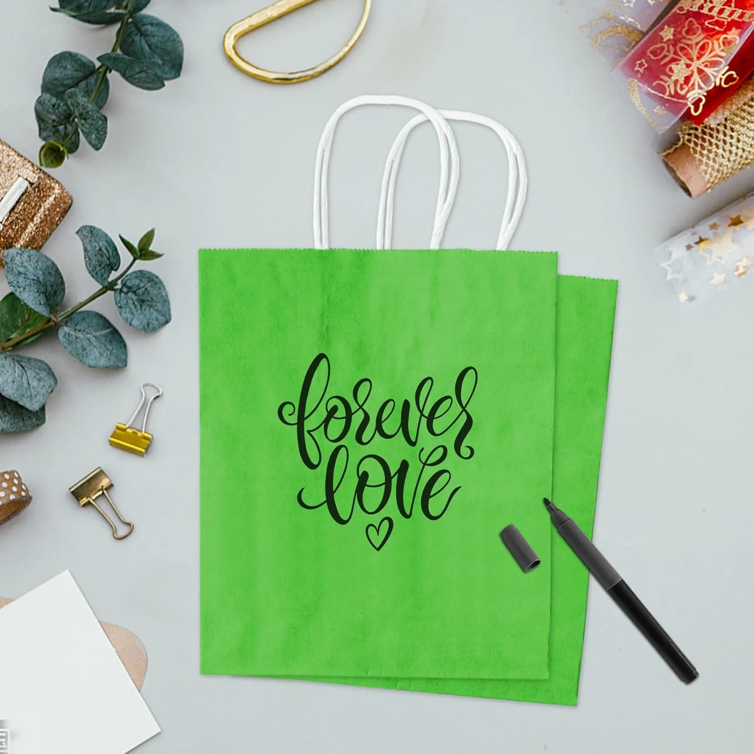TOWRAP Green Kraft Paper Gift Bags 25Pcs 8x4.25x10.5 Inch With Handles - Bulk Shopping, Party, Retail, Merchandise, Favor