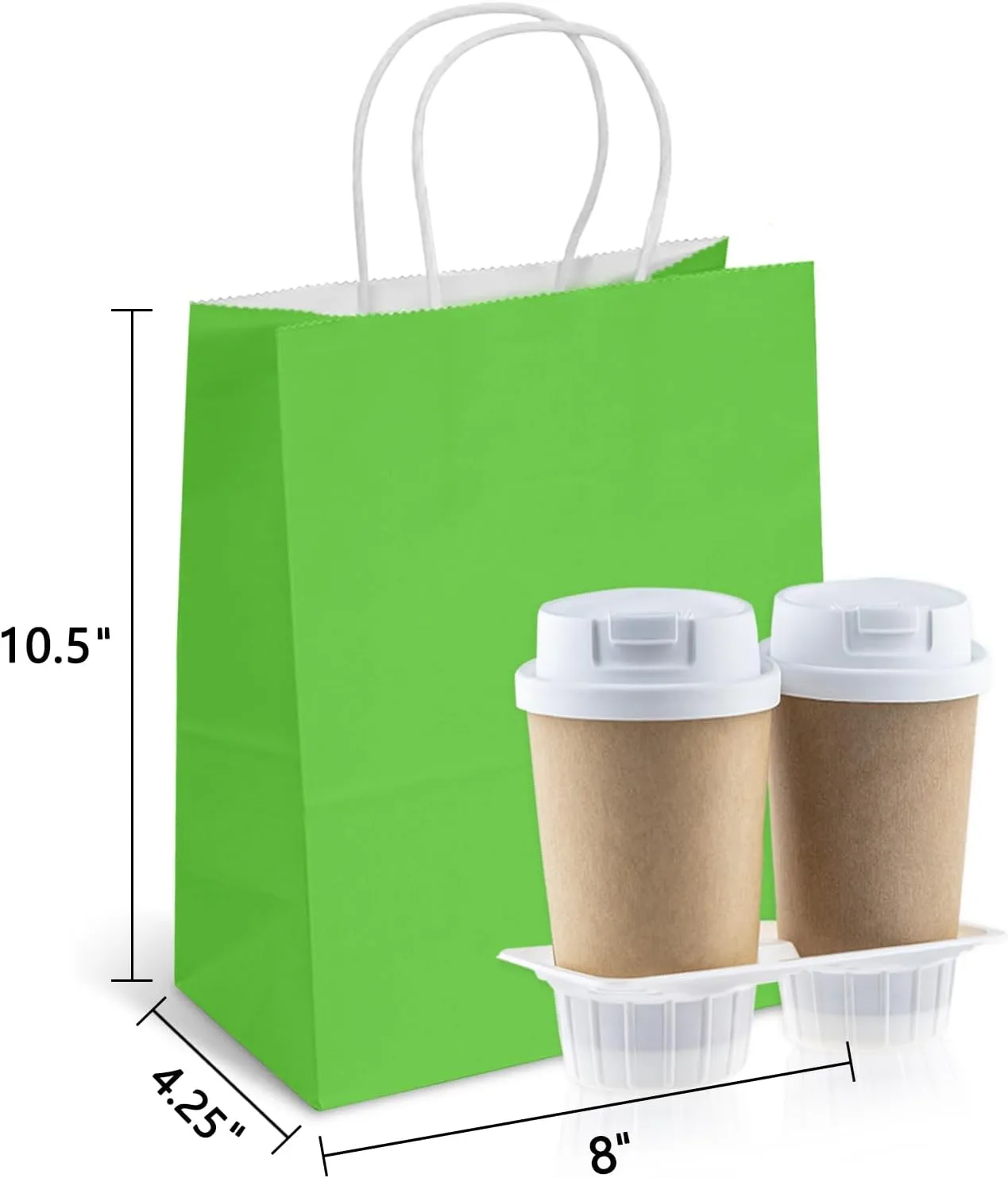 TOWRAP Green Kraft Paper Gift Bags 25Pcs 8x4.25x10.5 Inch With Handles - Bulk Shopping, Party, Retail, Merchandise, Favor
