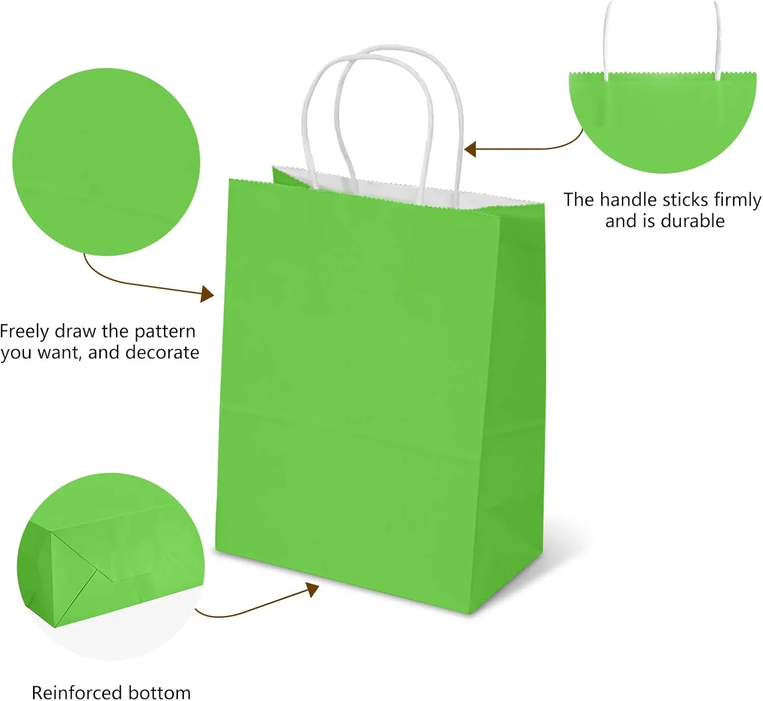 TOWRAP Green Kraft Paper Gift Bags 25Pcs 8x4.25x10.5 Inch With Handles - Bulk Shopping, Party, Retail, Merchandise, Favor
