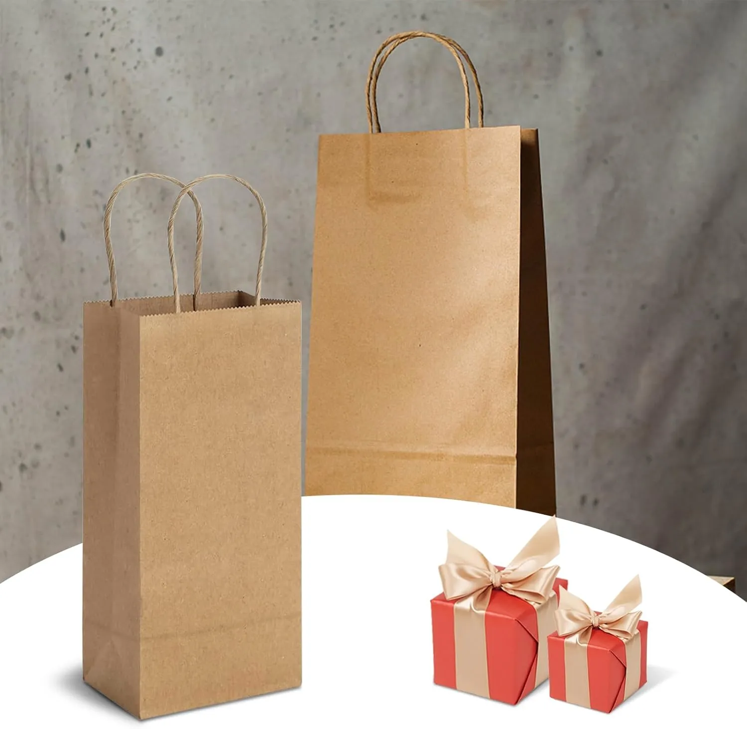 TOWRAP Kraft Paper Gift Bags - 50pcs, 5.25 x 3.25 x 13 Inch Brown, With Handles, Bulk Party & Retail Bags