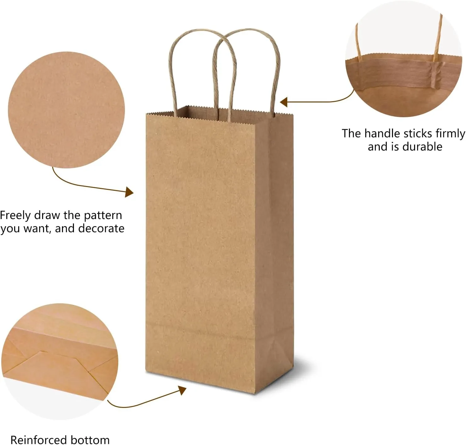 TOWRAP Kraft Paper Gift Bags - 50pcs, 5.25 x 3.25 x 13 Inch Brown, With Handles, Bulk Party & Retail Bags