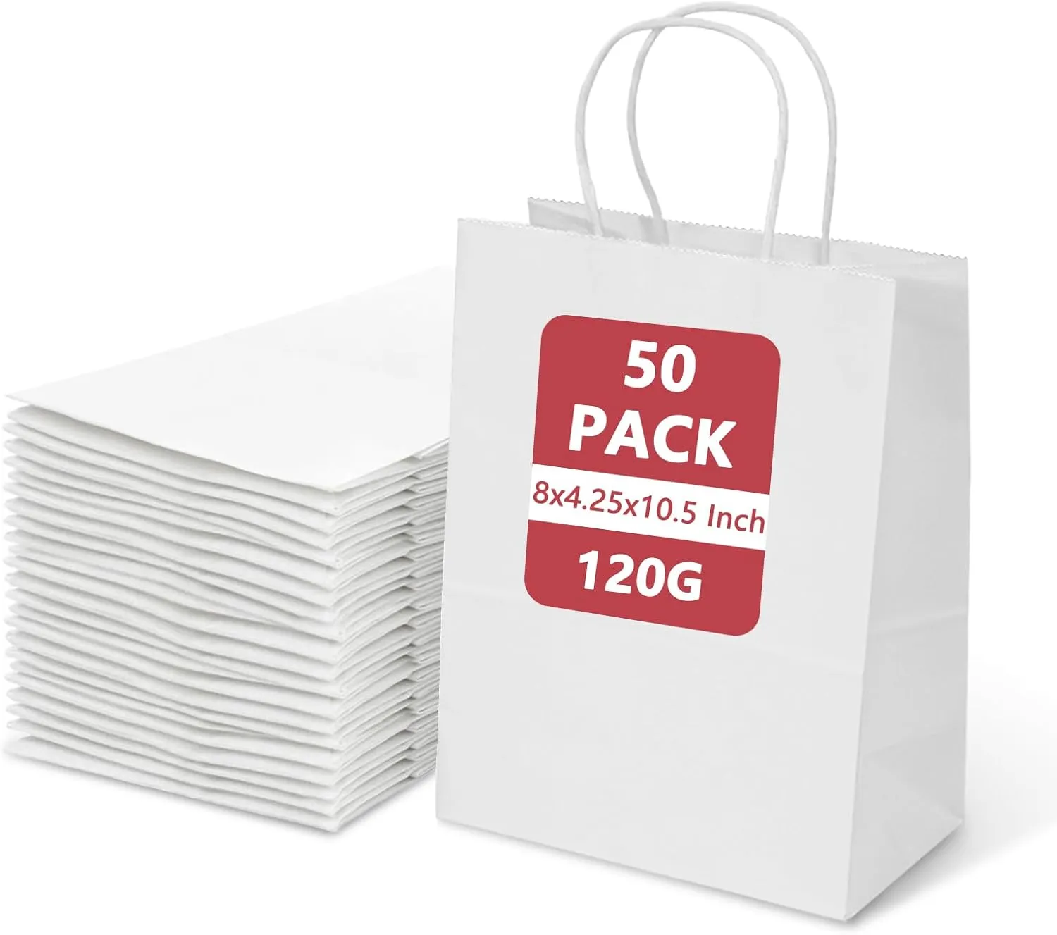 TOWRAP White Gift Bags - 50 Pcs, 8 x 4.25 x 10.5 Inch Paper Bags with Handles for Shopping, Parties, Retail, Merchandise, Favorites