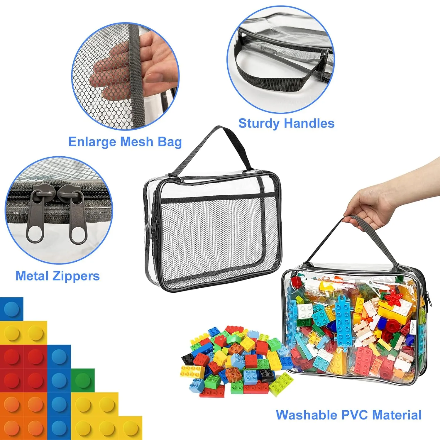 Toy Zippered Blocks Set Storage Bags for boy girls - 4PC Large PVC Storage Organizer Bags with Mesh Side Pockets for Puzzle, Clay, Book, Small Models and Mini Plush Toys. XL: 10.4" x3 "x13.3