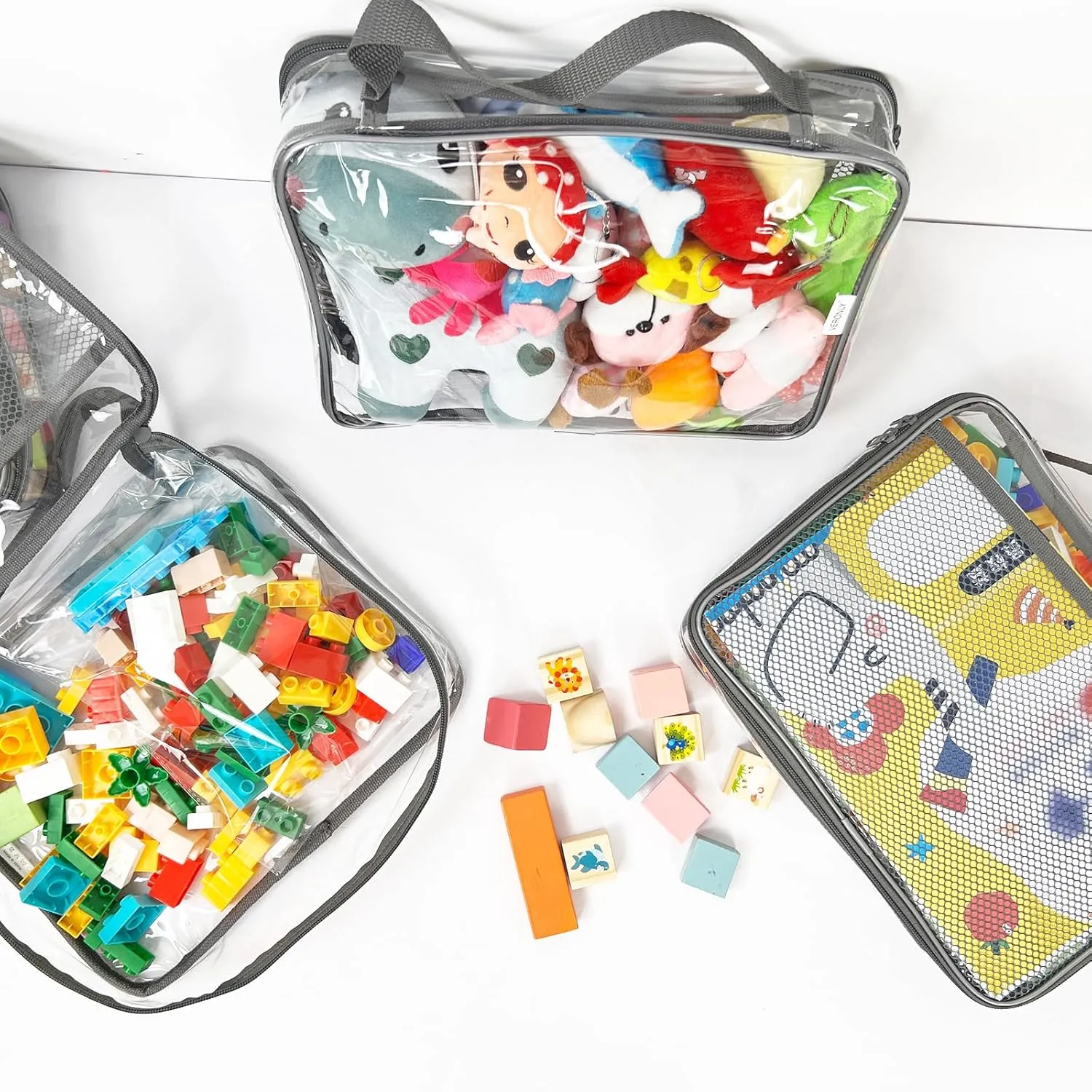 Toy Zippered Blocks Set Storage Bags for boy girls - 4PC Large PVC Storage Organizer Bags with Mesh Side Pockets for Puzzle, Clay, Book, Small Models and Mini Plush Toys. XL: 10.4" x3 "x13.3