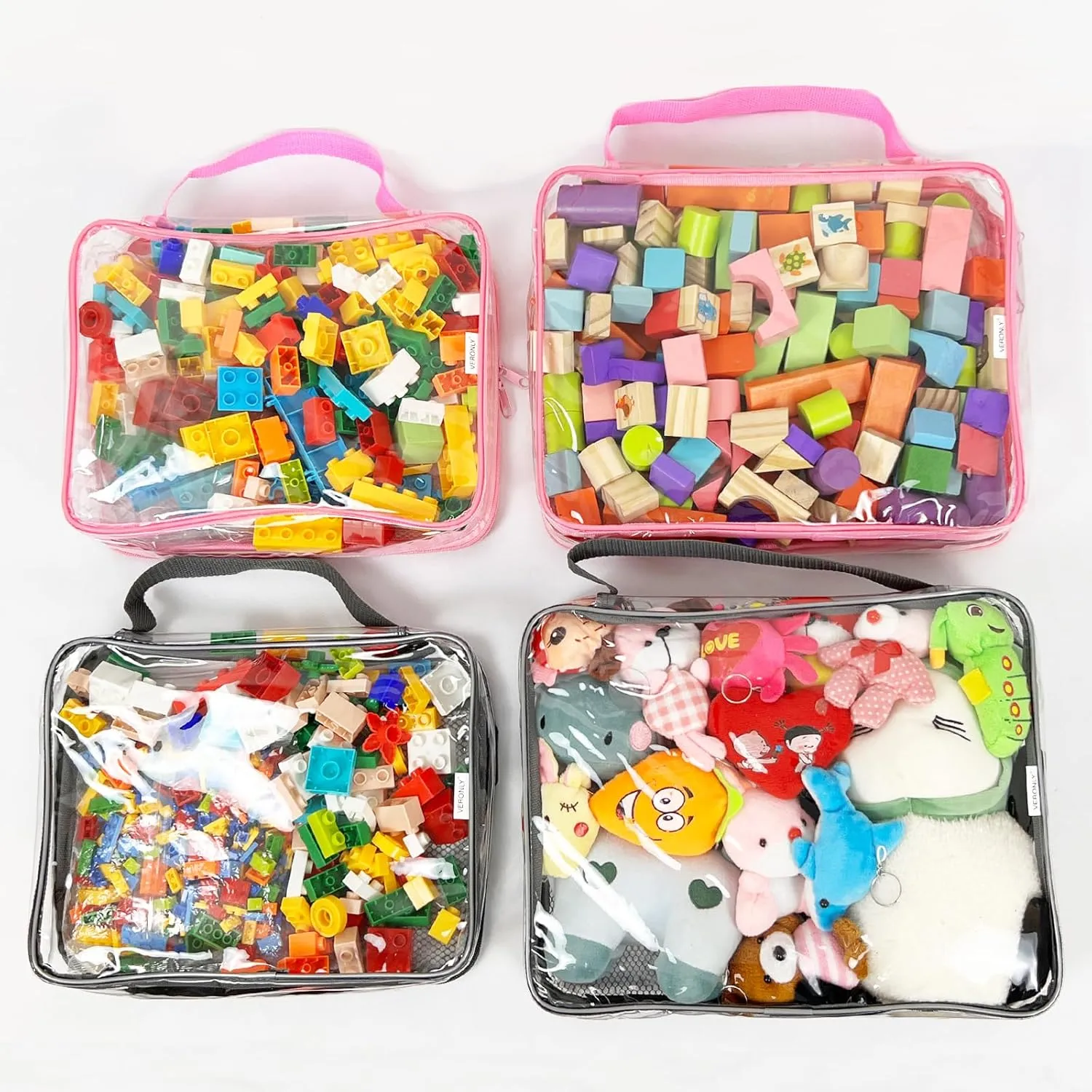 Toy Zippered Blocks Set Storage Bags for boy girls - 4PC Large PVC Storage Organizer Bags with Mesh Side Pockets for Puzzle, Clay, Book, Small Models and Mini Plush Toys. XL: 10.4" x3 "x13.3