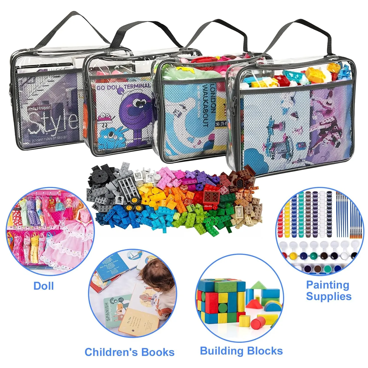 Toy Zippered Blocks Set Storage Bags for boy girls - 4PC Large PVC Storage Organizer Bags with Mesh Side Pockets for Puzzle, Clay, Book, Small Models and Mini Plush Toys. XL: 10.4" x3 "x13.3
