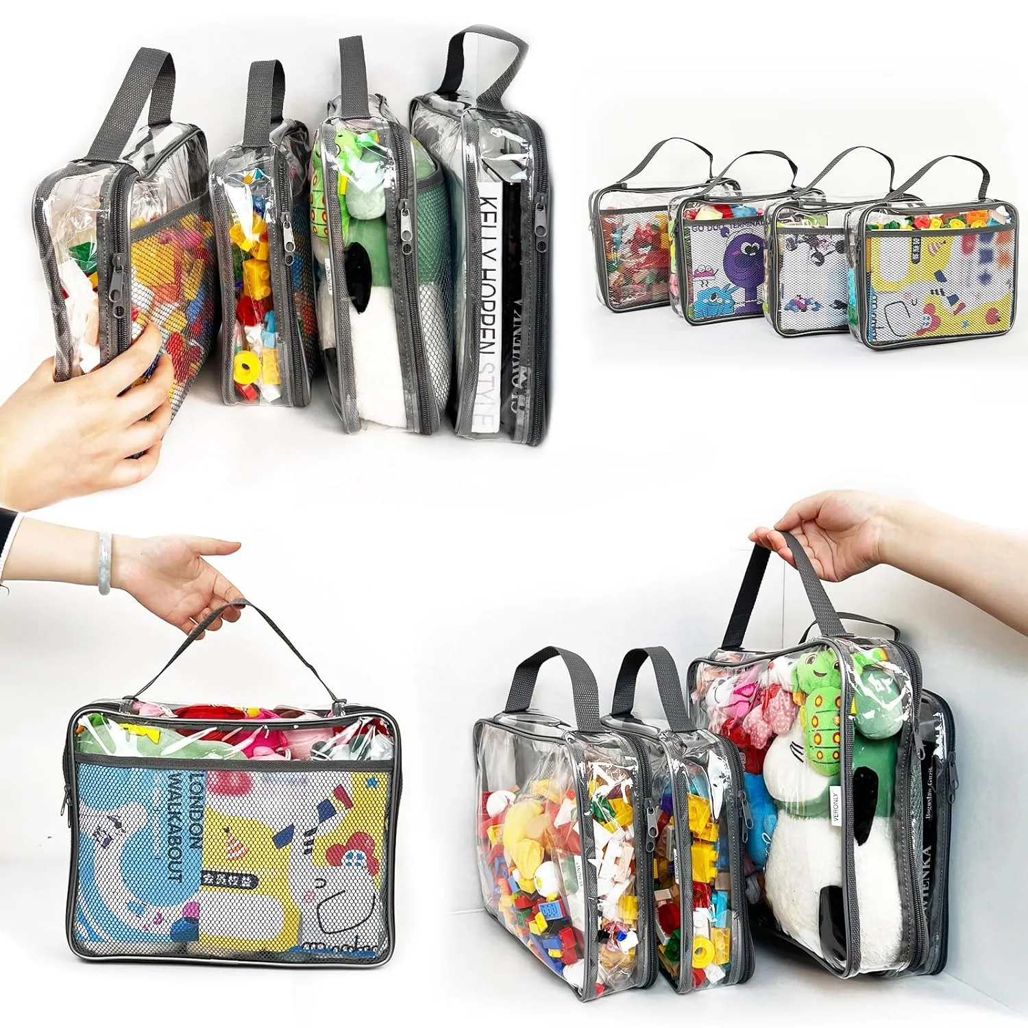 Toy Zippered Blocks Set Storage Bags for boy girls - 4PC Large PVC Storage Organizer Bags with Mesh Side Pockets for Puzzle, Clay, Book, Small Models and Mini Plush Toys. XL: 10.4" x3 "x13.3