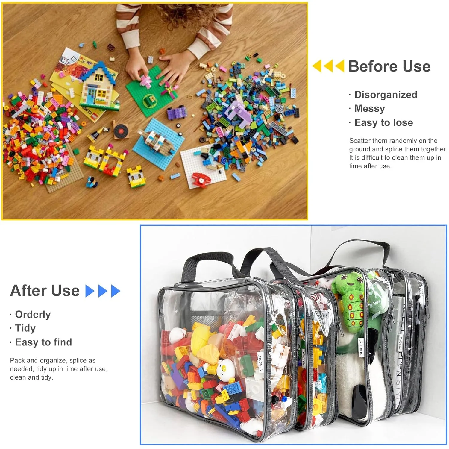 Toy Zippered Blocks Set Storage Bags for boy girls - 4PC Large PVC Storage Organizer Bags with Mesh Side Pockets for Puzzle, Clay, Book, Small Models and Mini Plush Toys. XL: 10.4" x3 "x13.3