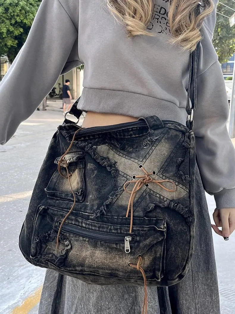 Trashy Denim Messenger Bag Women Ripped Denim Streetwear Vintage Tote Bag Retro Cowboy Crossbody Bag 2000s Bag Y2K Stuff
