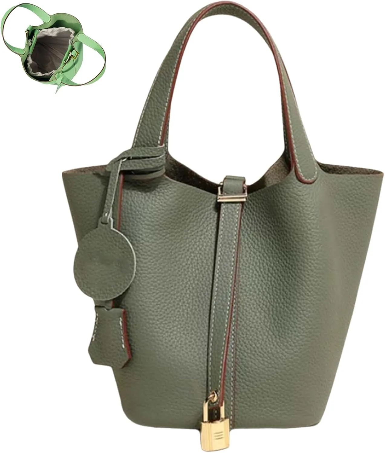 Trendy Plain Color Leather Handbag with Lock Design, Stylish Lock Design Bucket Bags, Leather Handbags for Women