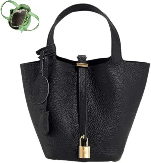 Trendy Plain Color Leather Handbag with Lock Design, Stylish Lock Design Bucket Bags, Leather Handbags for Women