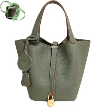 Trendy Plain Color Leather Handbag with Lock Design, Stylish Lock Design Bucket Bags, Leather Handbags for Women