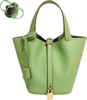 Trendy Plain Color Leather Handbag with Lock Design, Stylish Lock Design Bucket Bags, Leather Handbags for Women