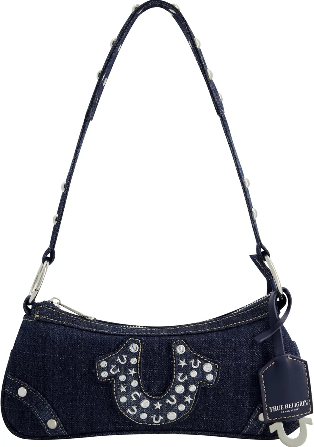 True Religion Women's Shoulder Bag Purse, Mini Travel Handbag with Studded Horseshoe Logo, Denim