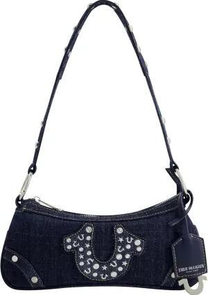 True Religion Women's Shoulder Bag Purse, Mini Travel Handbag with Studded Horseshoe Logo, Denim