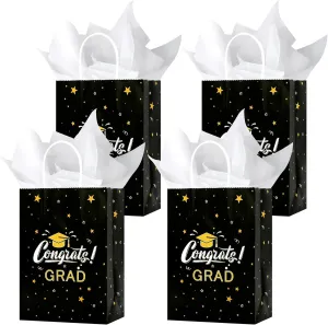 Tuzuaol 12 Pack Graduation Gift Bag with Tissue Paper Bulk Graduate Paper Bags with Handle for High School, College, Kindergarten, Graduation Party Decorations Supplies(Black Gold)