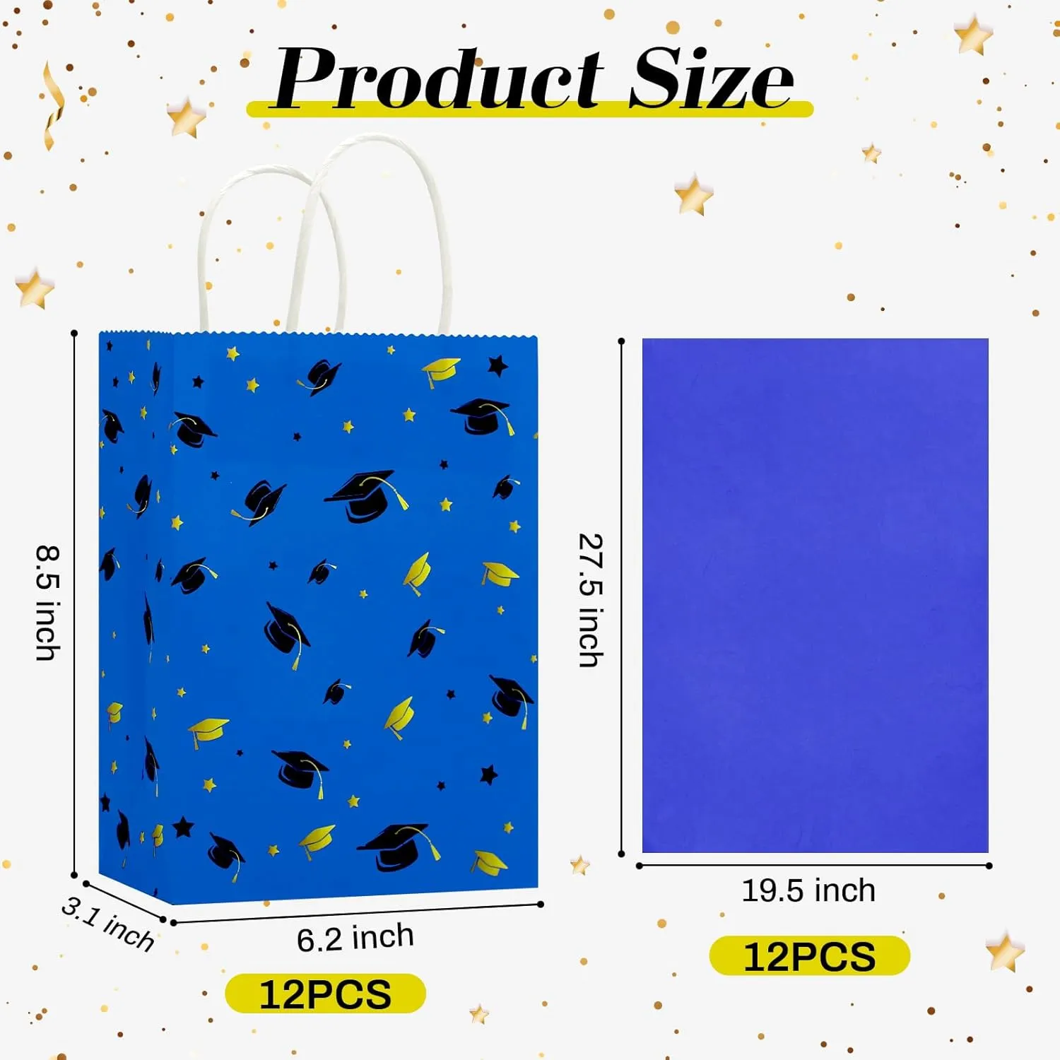 Tuzuaol 12 Pack Graduation Gift Bag with Tissue Paper Bulk Graduate Paper Bags with Handle for High School, College, Kindergarten, Graduation Party Decorations Supplies(Blue)