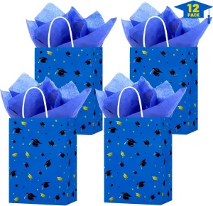 Tuzuaol 12 Pack Graduation Gift Bag with Tissue Paper Bulk Graduate Paper Bags with Handle for High School, College, Kindergarten, Graduation Party Decorations Supplies(Blue)