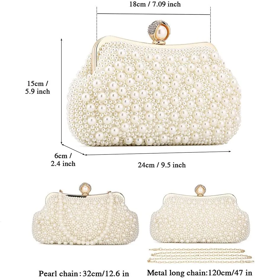 UBORSE Women Pearl Clutch Bag Noble Crystal Beaded Evening Bag Wedding Clutch with Pearl Chain