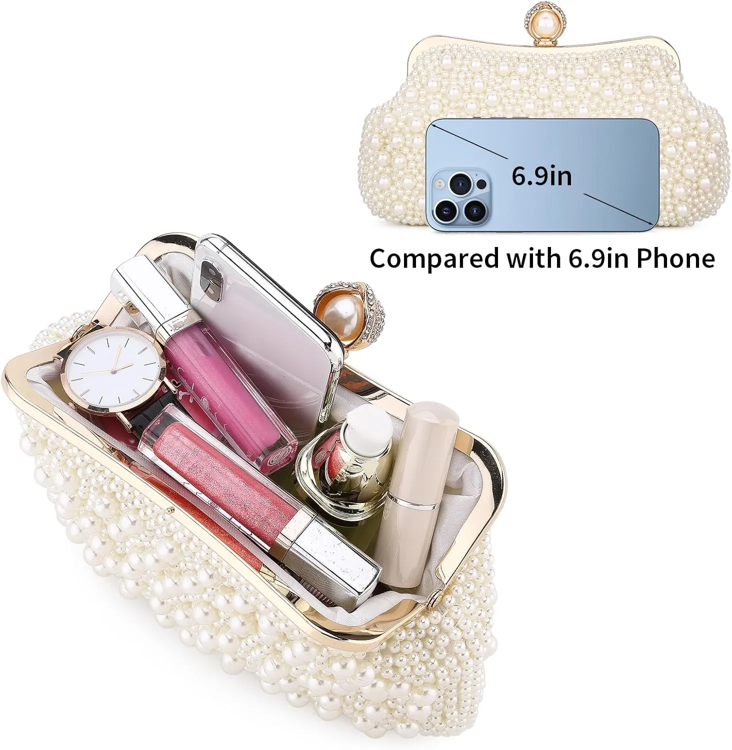 UBORSE Women Pearl Clutch Bag Noble Crystal Beaded Evening Bag Wedding Clutch with Pearl Chain