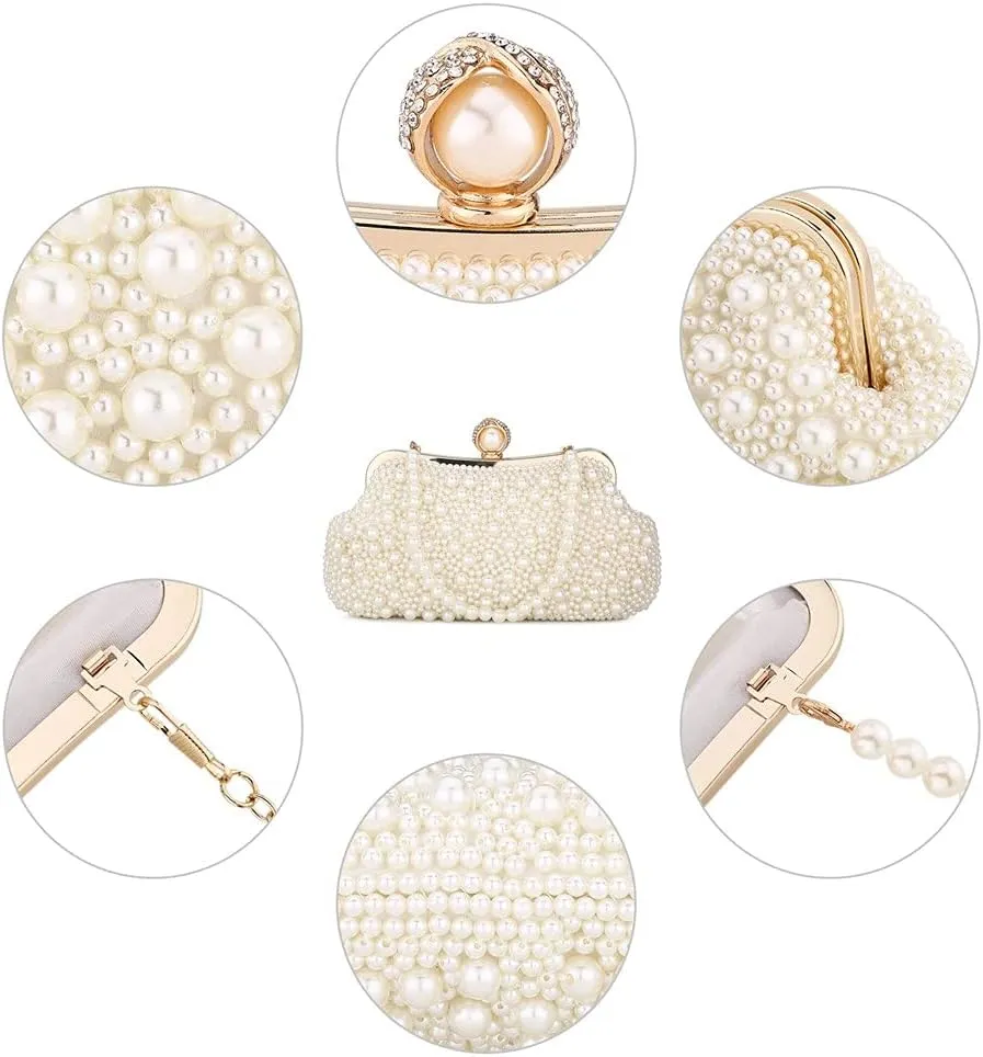 UBORSE Women Pearl Clutch Bag Noble Crystal Beaded Evening Bag Wedding Clutch with Pearl Chain