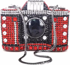 UMREN Novelty Crystal Camera Shaped Clutch Purse for Women Sparkly Rhinestones Evening Clutch Bag Glitter Bridal Prom Handbag