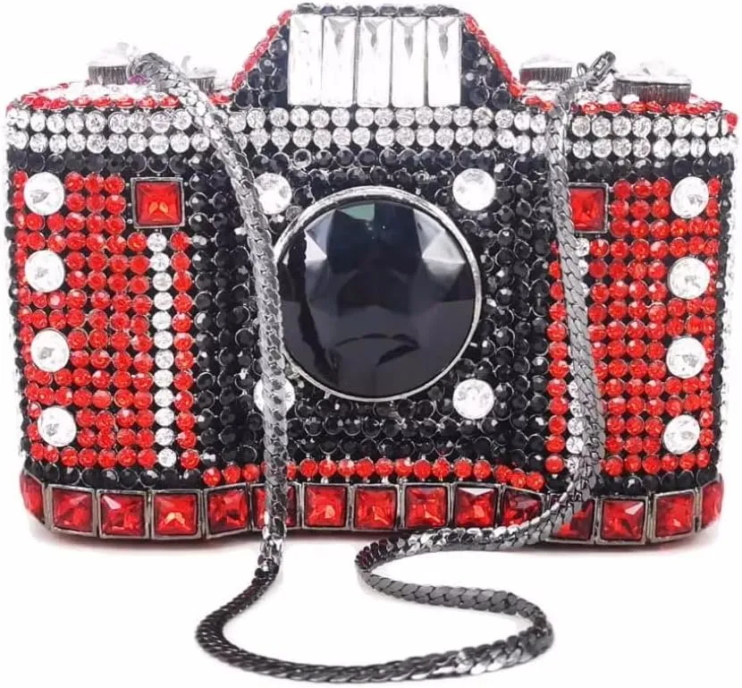 UMREN Novelty Crystal Camera Shaped Clutch Purse for Women Sparkly Rhinestones Evening Clutch Bag Glitter Bridal Prom Handbag