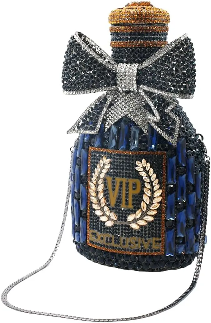 UMREN Women Champagne Bottle Rhinestone Evening Bag Sweet Bow Crystal Purse Clutch Unique Handbag Cocktail Party Shoulder Bag