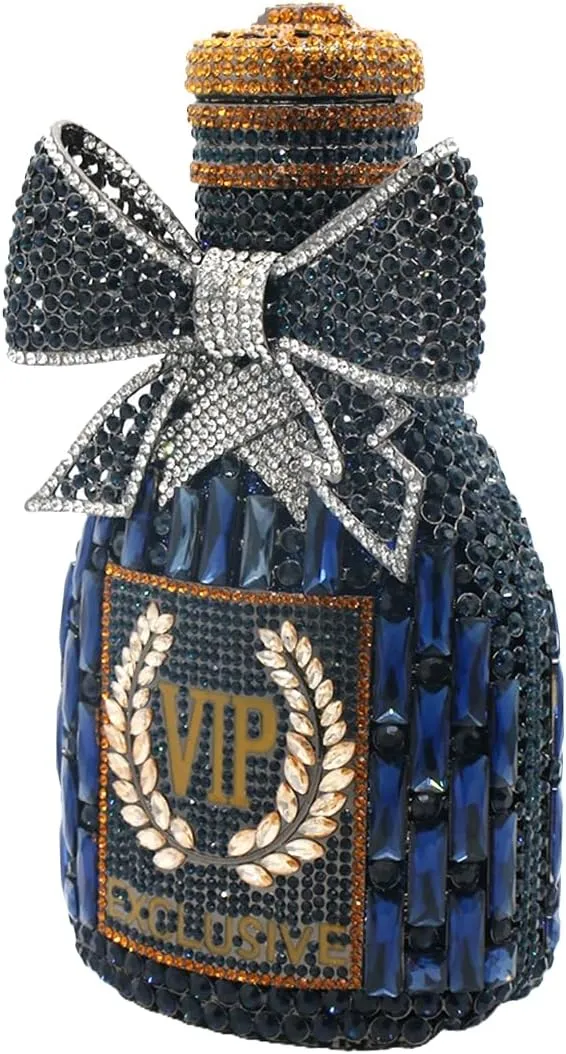 UMREN Women Champagne Bottle Rhinestone Evening Bag Sweet Bow Crystal Purse Clutch Unique Handbag Cocktail Party Shoulder Bag