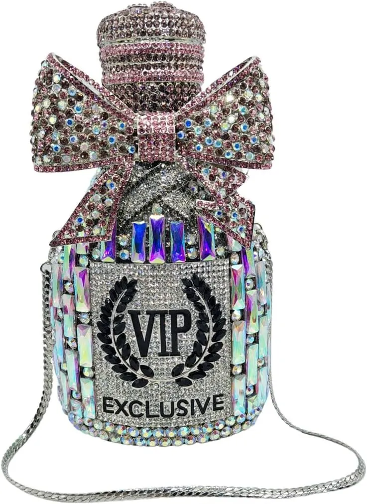 UMREN Women Champagne Bottle Rhinestone Evening Bag Sweet Bow Crystal Purse Clutch Unique Handbag Cocktail Party Shoulder Bag