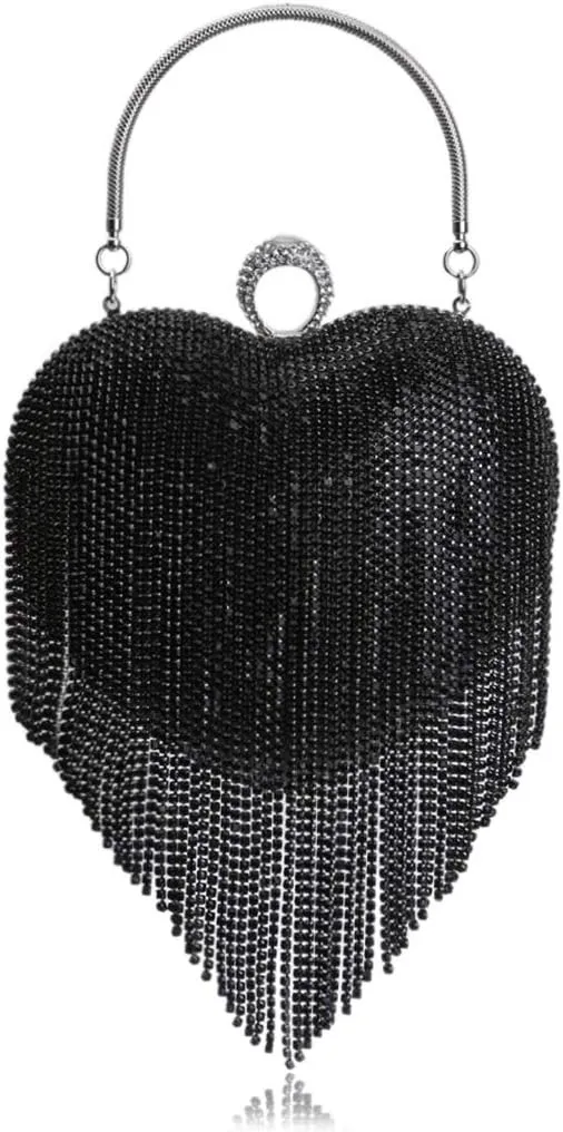 UMREN Women Luxury Heart Shape Tassel Evening Clutch Bag Rhinestones Wedding Party Purse Handbag