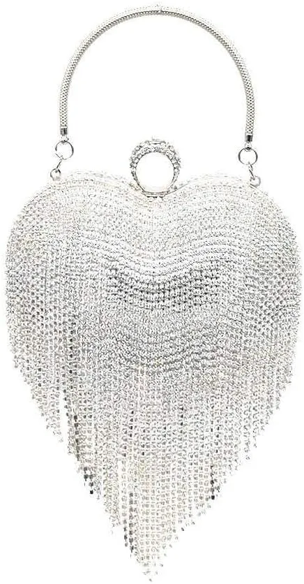UMREN Women Luxury Heart Shape Tassel Evening Clutch Bag Rhinestones Wedding Party Purse Handbag